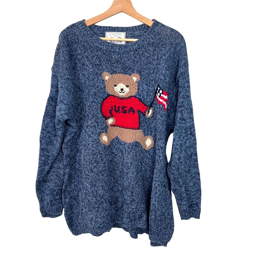 Jacque & KoKo Vintage USA Teddy Bear Sweater Blue Marled Knit Plus Size 18/20